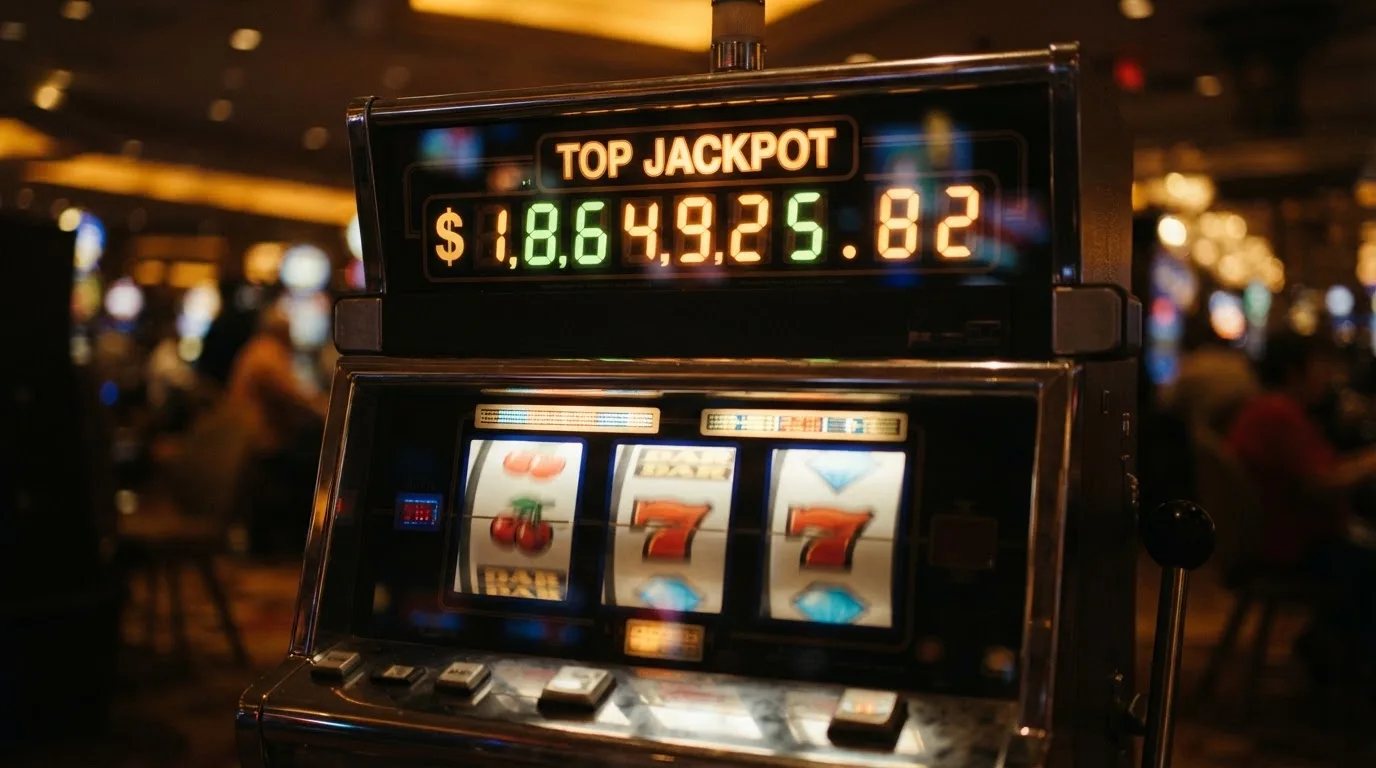 Nahaufnahme einer wachsenden Jackpot-Anzeige über den Walzen eines Spielautomaten.